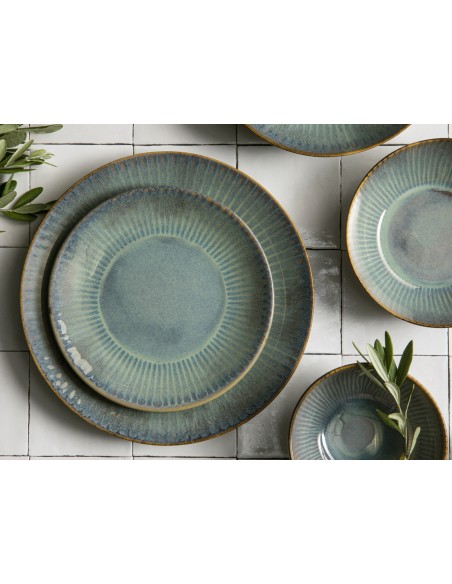 Plato Llano Tipo Coupe Redondo Azul Verde Gres Esmaltado Ø 27 Cm Lotus Accolade