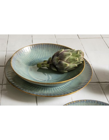 Plato Llano Tipo Coupe Redondo Azul Verde Gres Esmaltado Ø 21 Cm Lotus Accolade