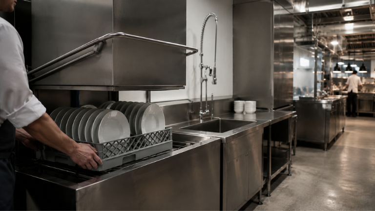 Lavavajillas industrial de capota con cesta de platos en cocina profesional