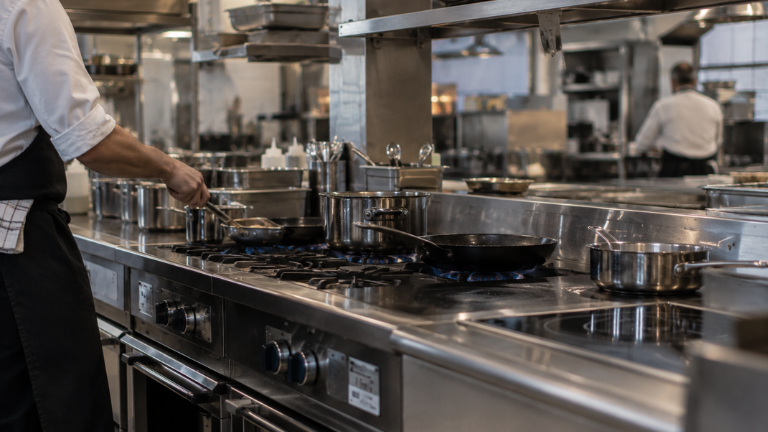 Cocina industrial de gas e inducción en cocina profesional de restaurante