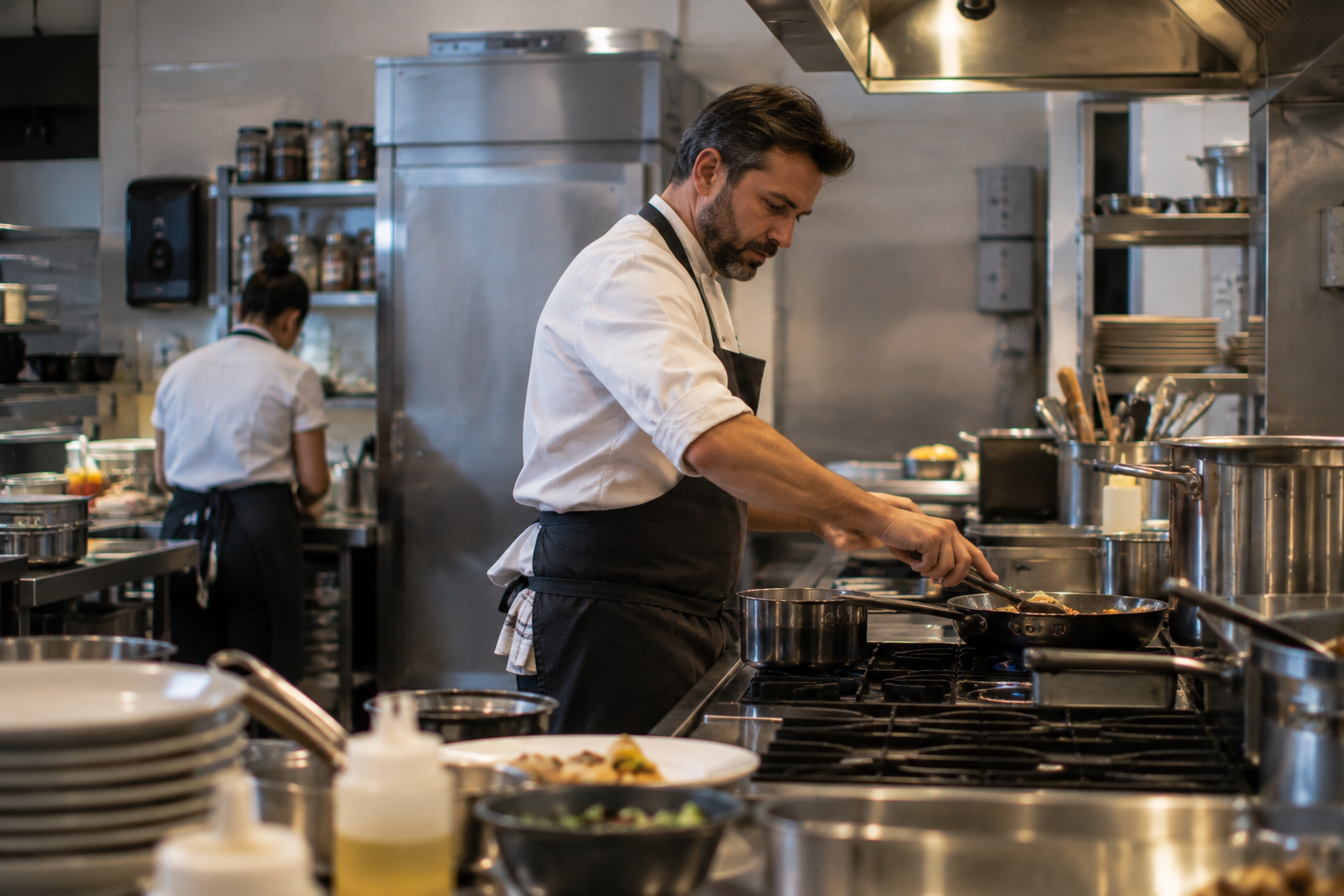 Chef trabajando con maquinaria de cocina industrial en una cocina profesional